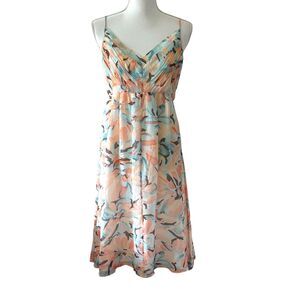 Anne Klein 100% Silk Watercolor Floral Midi Dress Spaghetti Strap Large